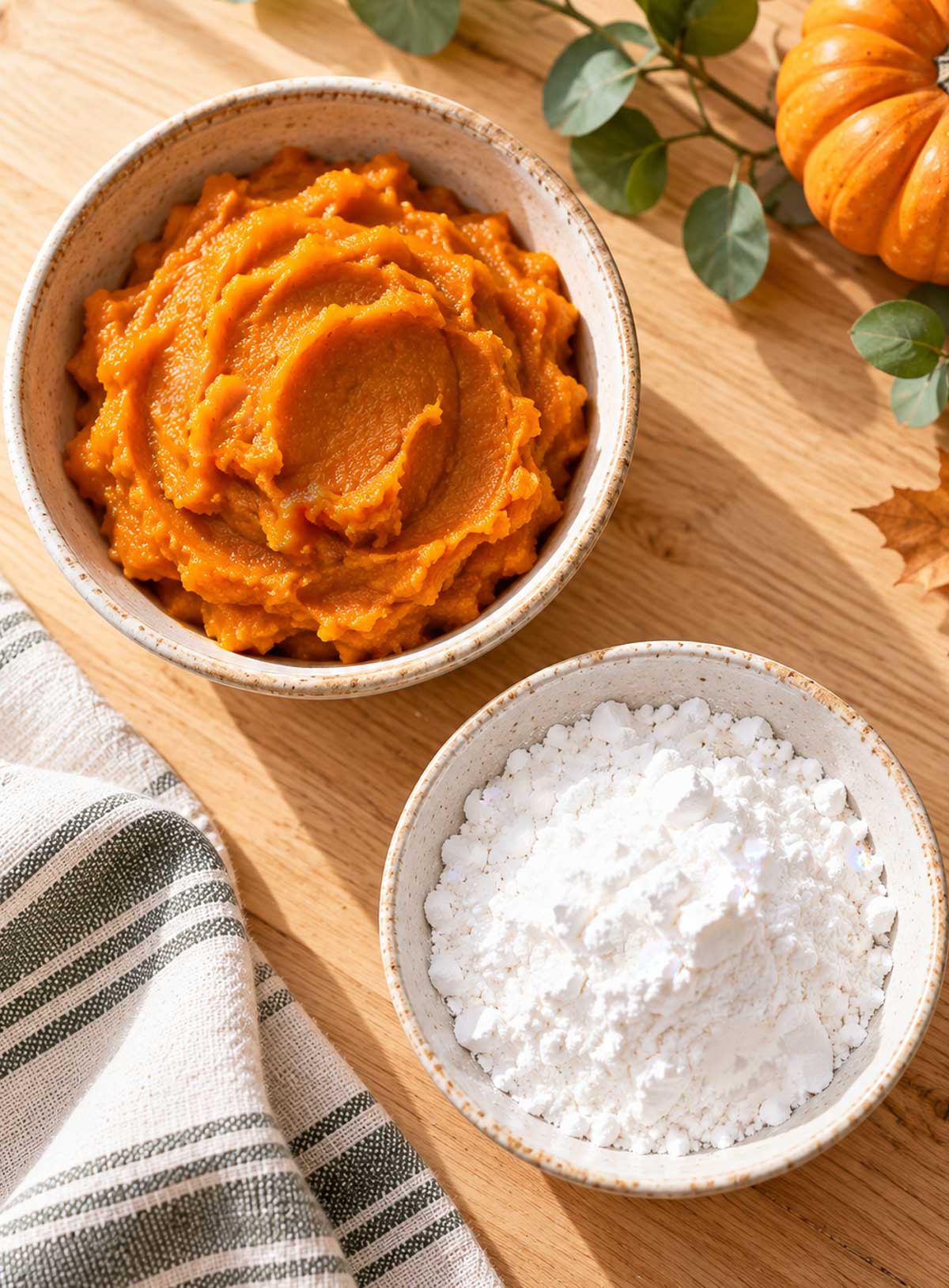 Ingredient flatlay of pumpkin puree and potato starch on a cutting board in a fall setting.