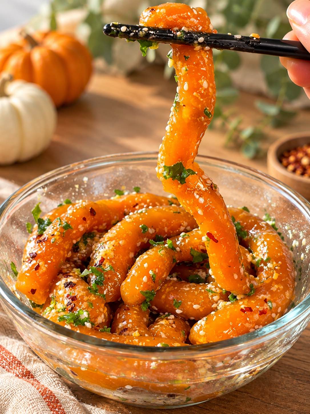 A glass bowl of pumpkin noodles with sauce and garnish.