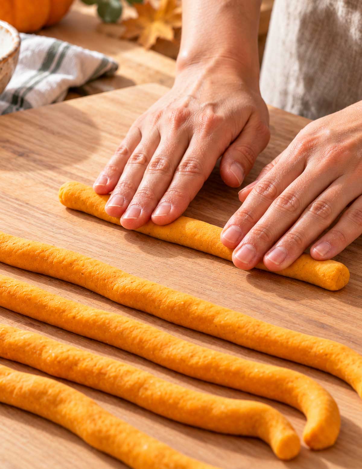 A woman rolling thick strands of pumpkin noodles on a wooden cutting board.