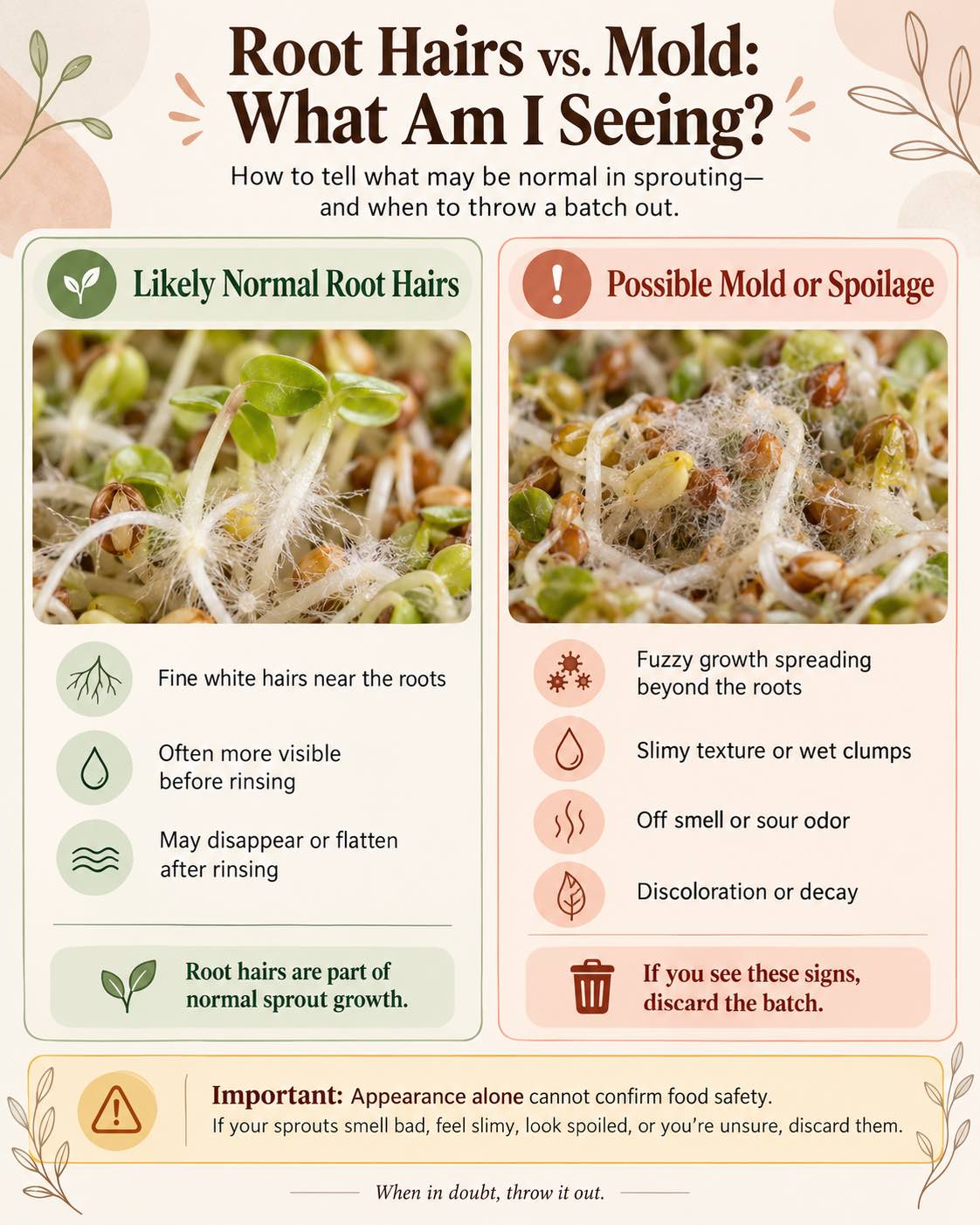 A graphic showing the difference between root hairs on sprouts and mold, and what to look for to identify each.