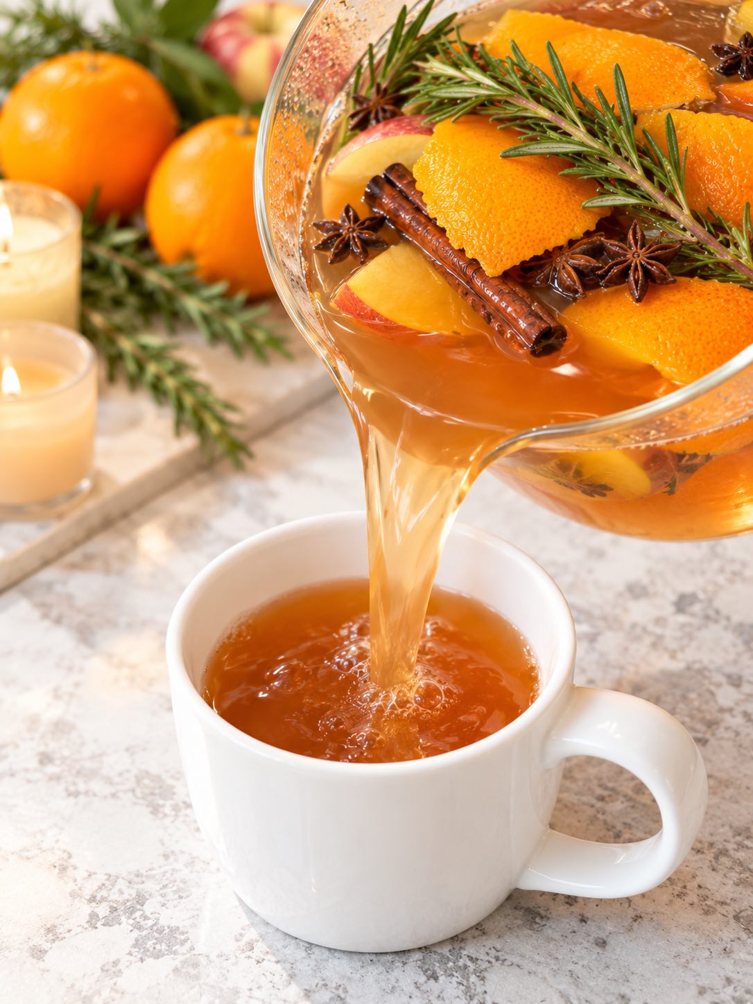 Pouring the simmer pot liquid tea into a mug to drink.