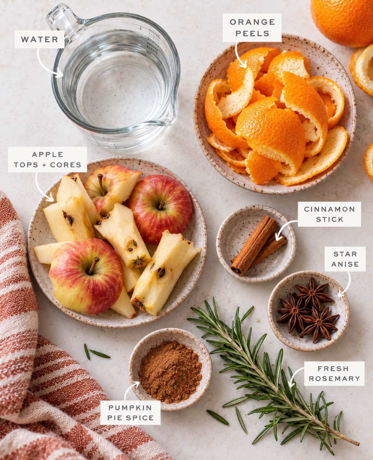 An ingredient flatlay showing what goes in a fall simmer pot, including orange peels, cinnamon sticks, star anise, apple cores, and pumpkin spice.