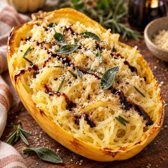 Creamy sage oven-baked spaghetti squash topped with balsamic glaze and sage leaves.