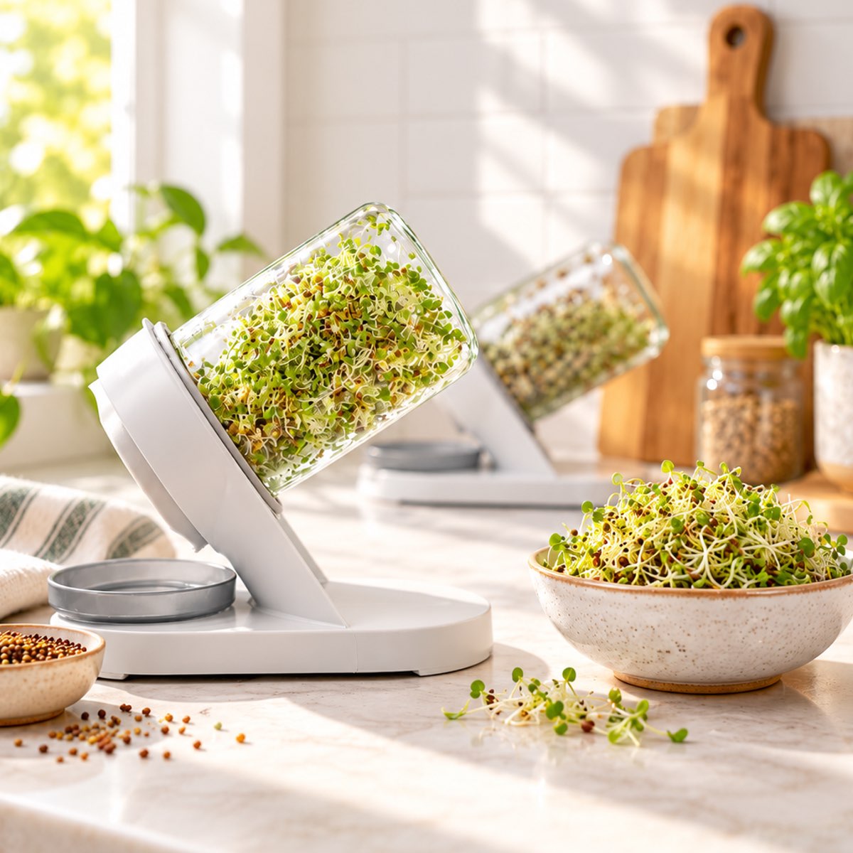 Fresh sprouts growing in sprouting jars on a kitchen countertop.
