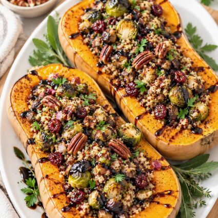 Roasted butternut squash stuffed with quinoa, mushrooms, balsamic brussels sprouts, toasted pecan, cranberries, and herbs, served on a Thanksgiving platter.