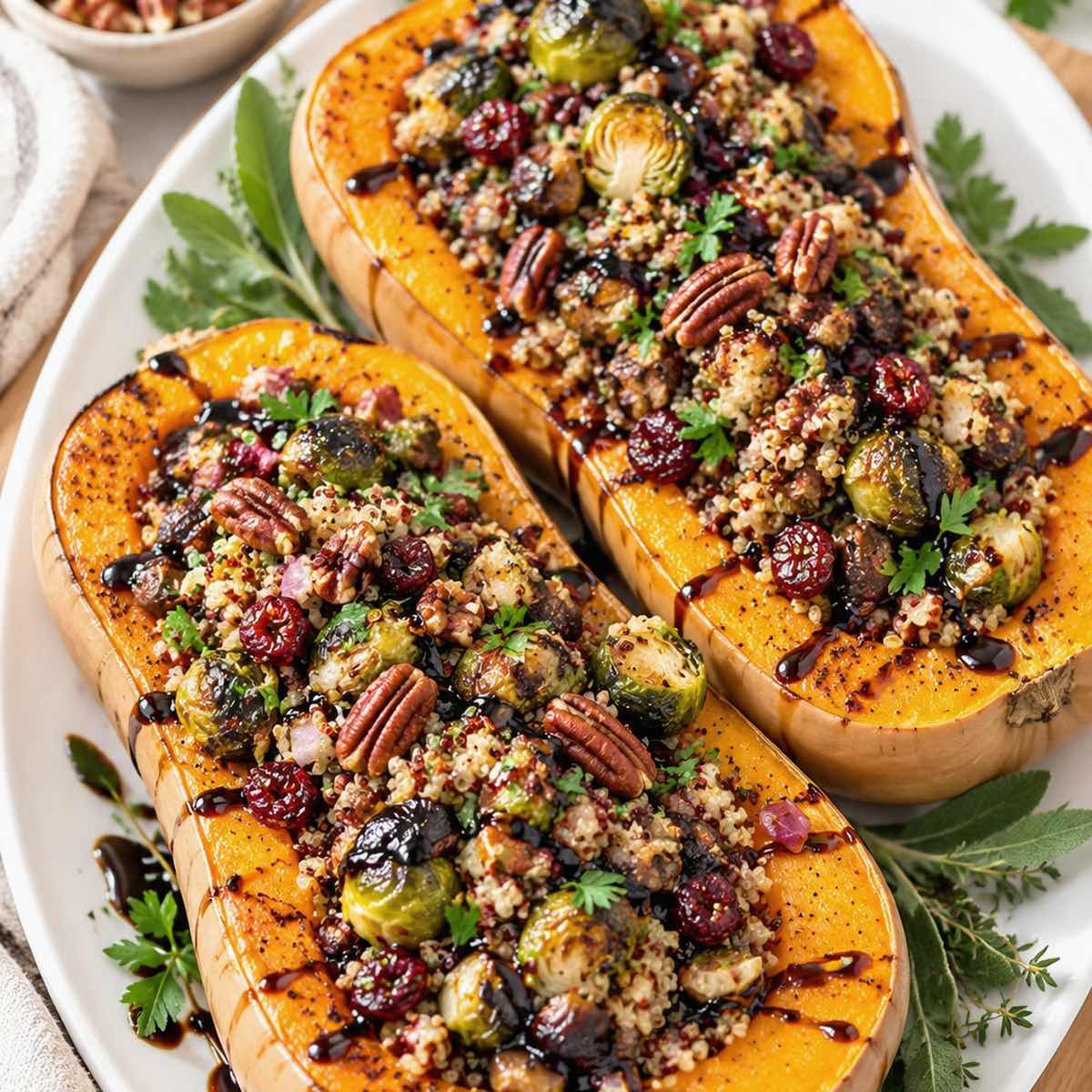 Roasted butternut squash stuffed with quinoa, mushrooms, balsamic brussels sprouts, toasted pecan, cranberries, and herbs, served on a Thanksgiving platter.