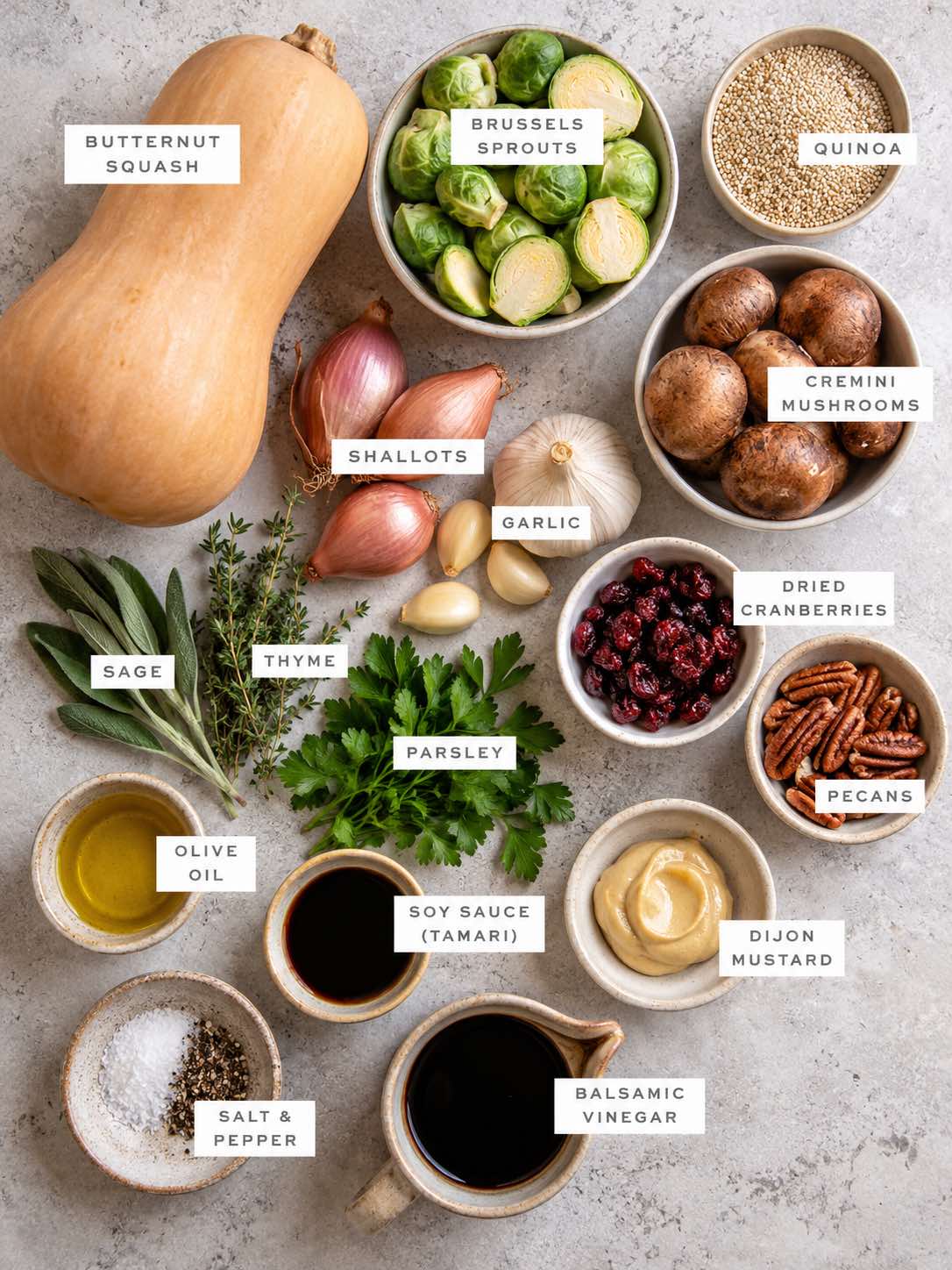 Ingredient flatlay image featuring butternut squash, brussels sprouts, quinoa, mushrooms, herbs, spices, etc.