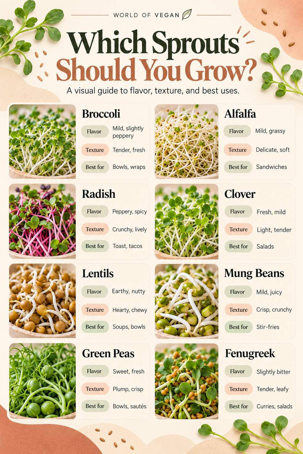 Graphic showing the best types of sprouts to grow and the benefits and characteristics of each.